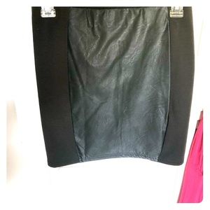 Olive mini pencil skirt with leather middle panel